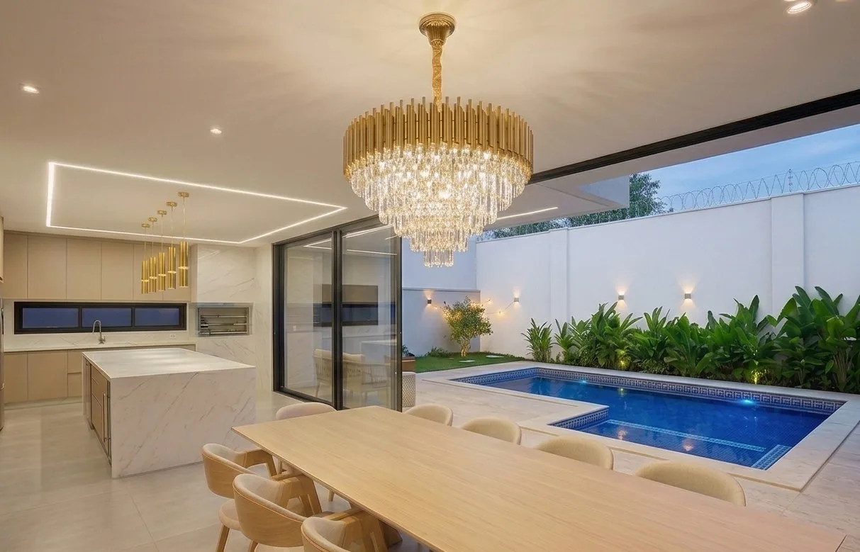 Cozinha integrada à área de jantar com ilha em mármore, lustre de cristal dourado, mesa de jantar decorada e vista para a piscina ao fundo