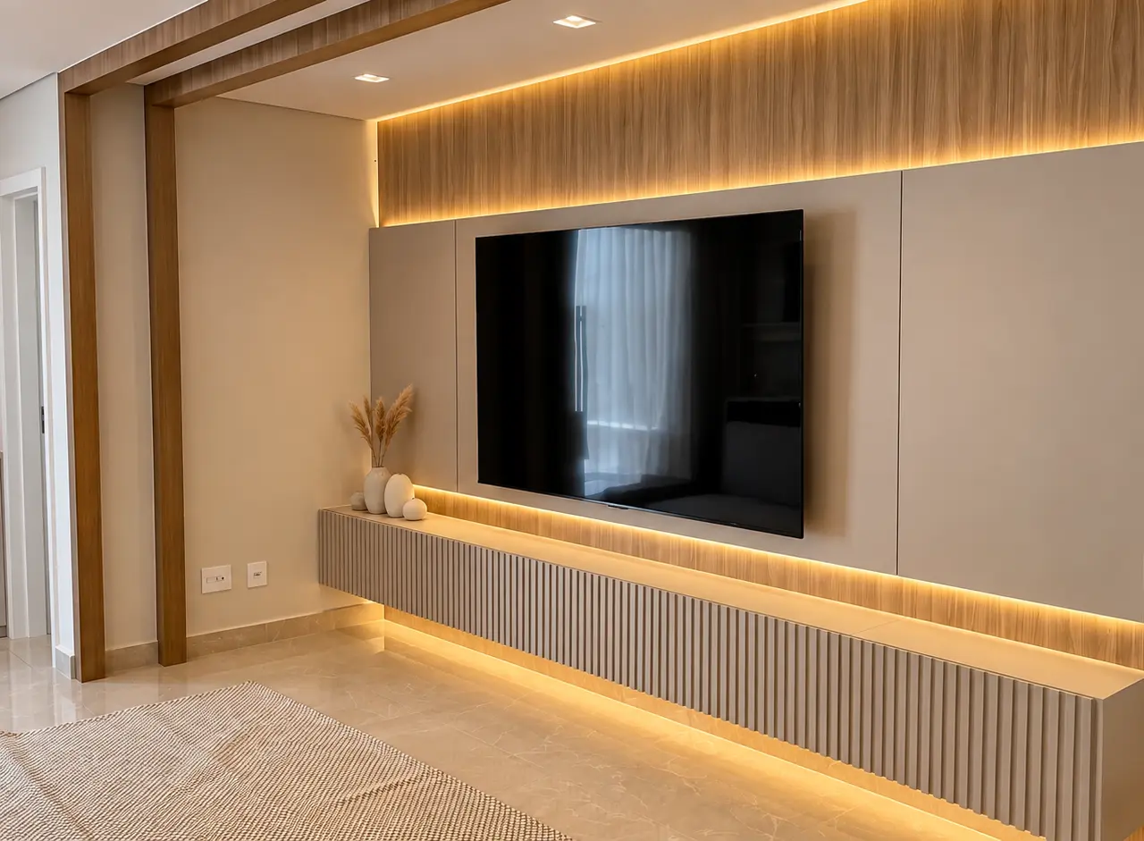 Sala de TV com painel ripado e iluminação indireta