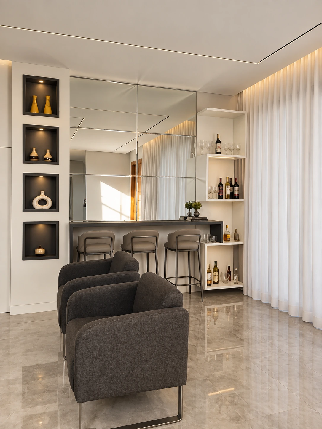 Bar integrado com banquetas e nichos decorativos iluminados