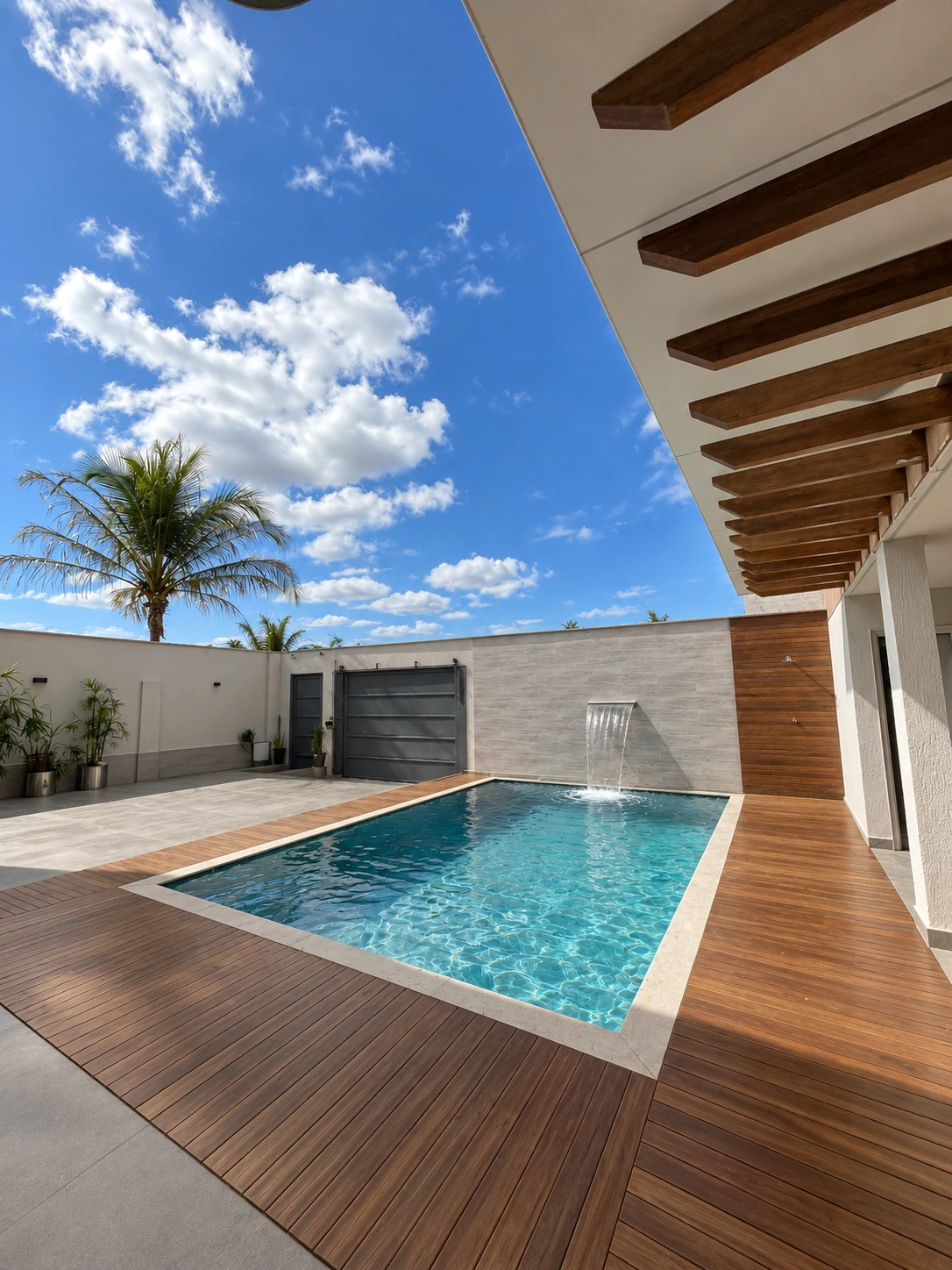 Área externa com piscina, deck de madeira e pergolado