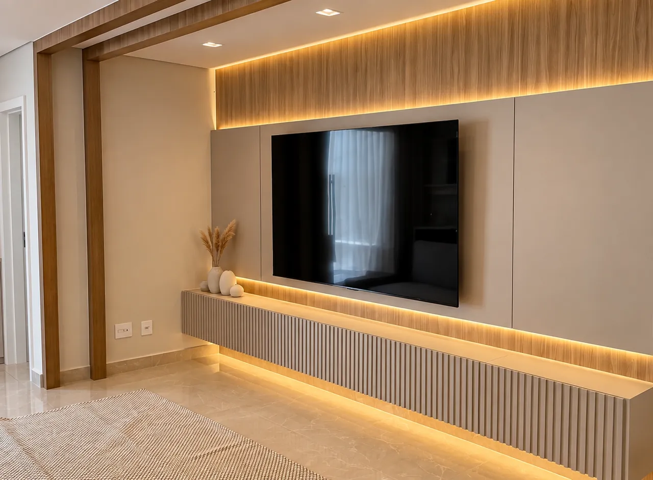 Sala de TV com painel de madeira, iluminação indireta e rack suspenso ripado em projeto de interiores em Belo Horizonte