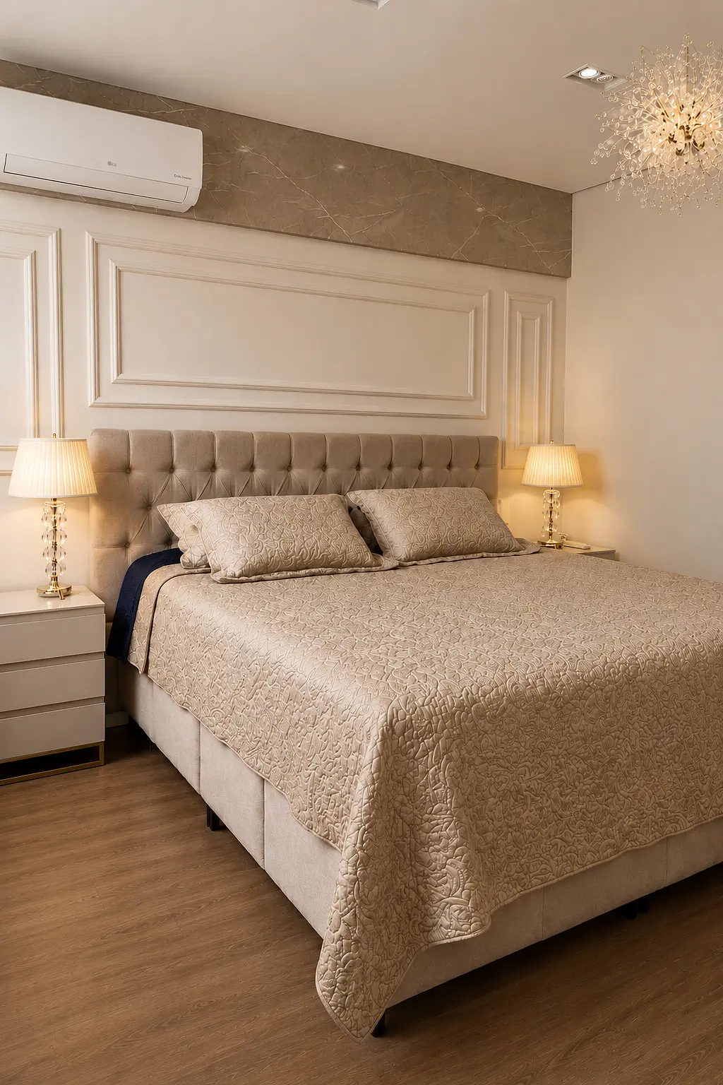 Quarto de casal elegante com cabeceira capitonê e criado-mudo