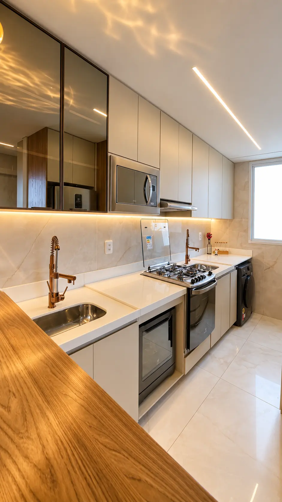 Cozinha contemporânea com ilha em madeira e revestimentos claros